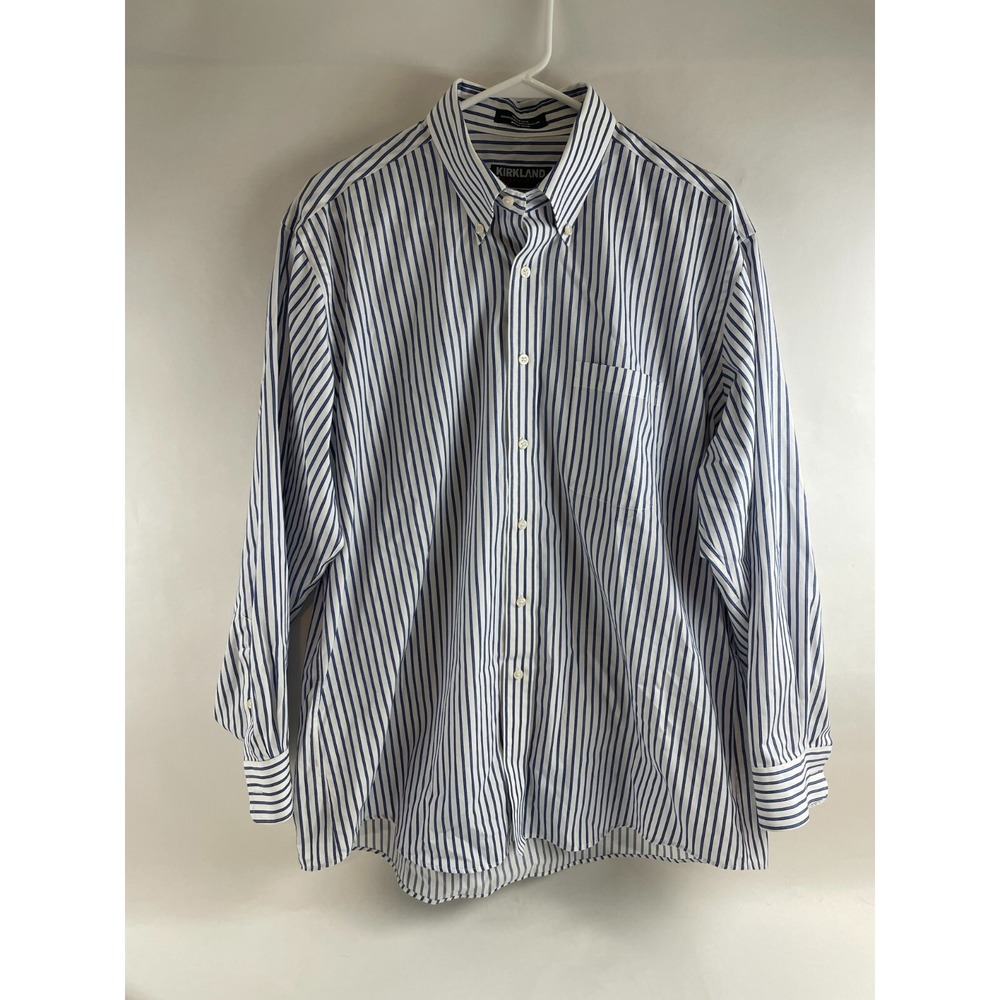 Kirkland Shirt Men's Size 17-33 Blue White Striped Button Down Long Sleeve